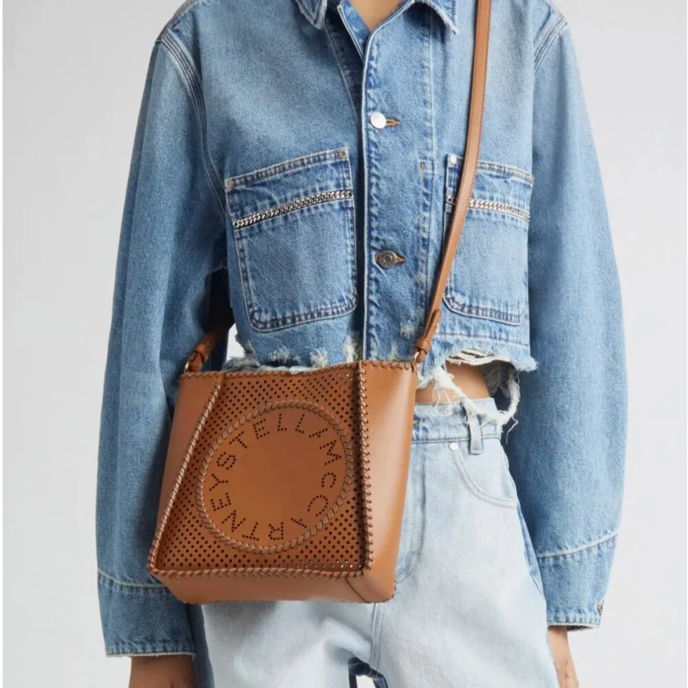 Stella McCartney Perforated Logo Faux Leather Crossbody Bag Cuoio Brown